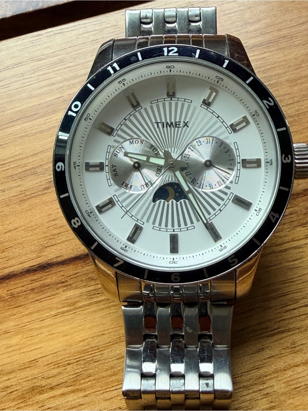 Timex Silver Stainless Steel Watch with White Dial and Black Bezel